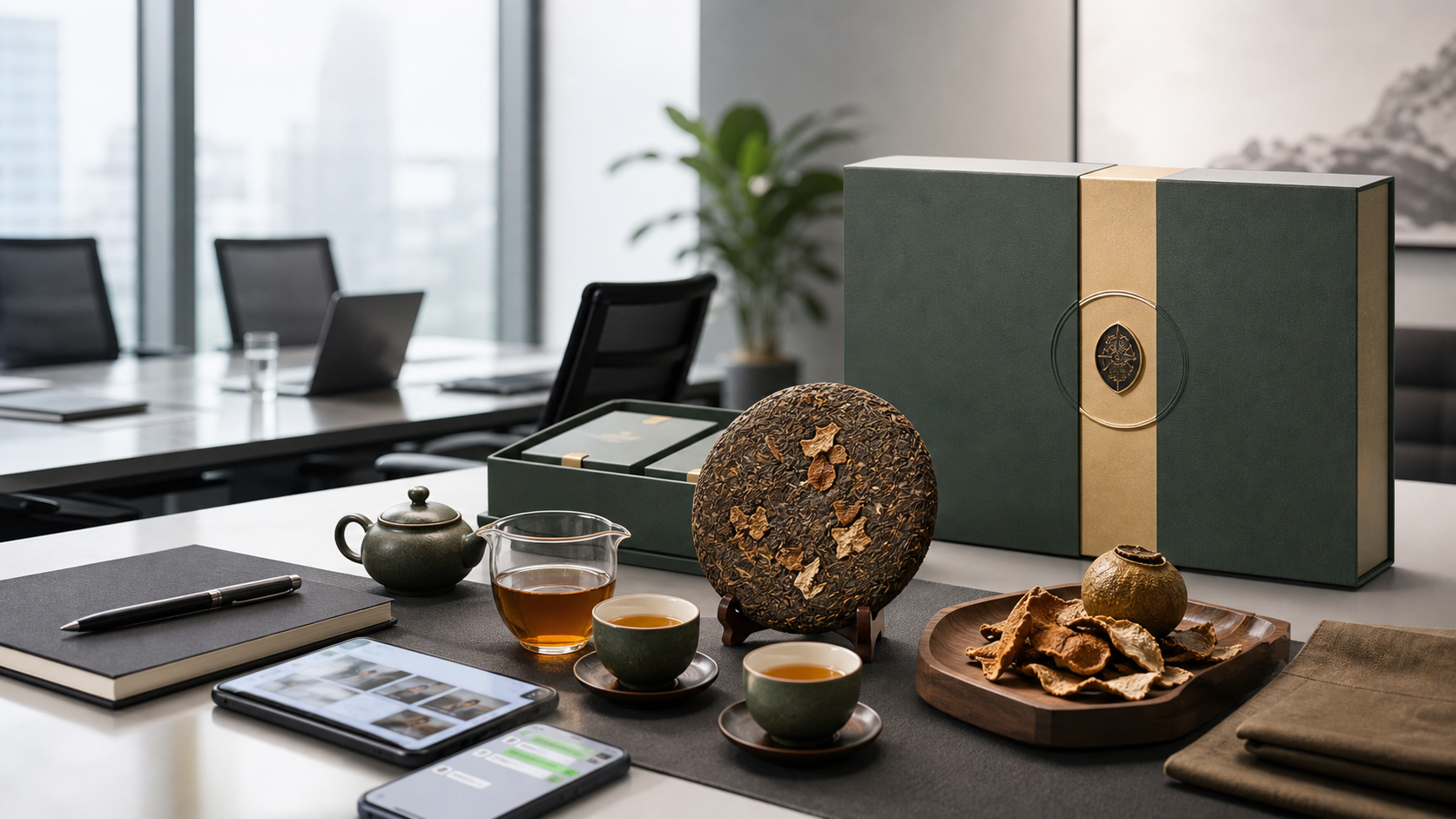 高端陈皮普洱茶礼商务会客场景